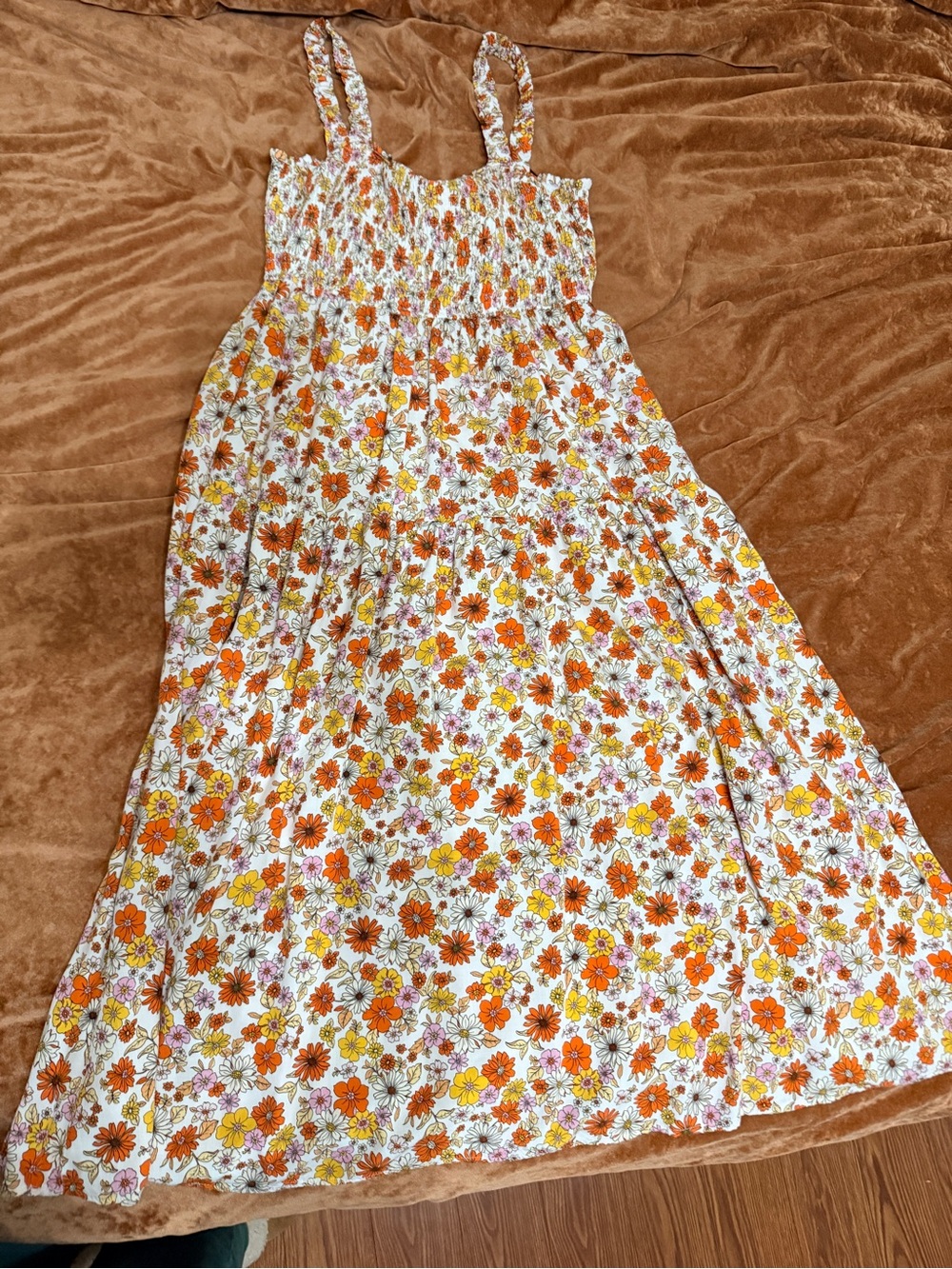Cupshe Large White Floral Smocked Sundress with Orange, Yellow Pink with Pockets